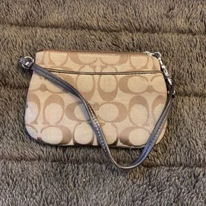 Coach Authentic Genuine Monogram Logo Fabric Wristlet Wallet Tan